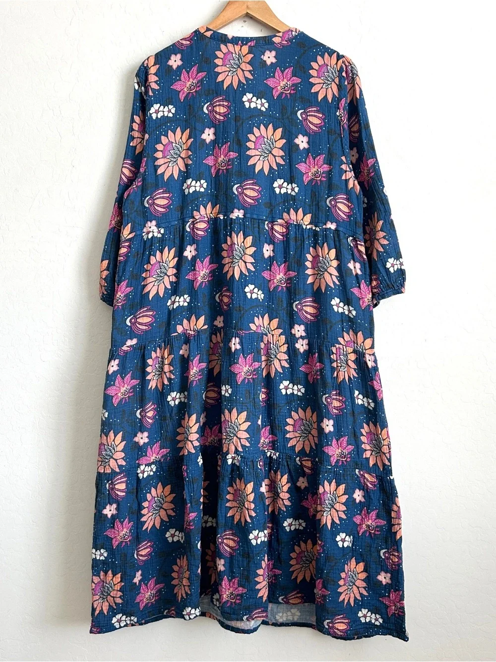 Marine Layer Midi Dress XL Gauzy Pockets Long Sleeve Batik Floral Blue *READ* - Picture 6 of 15